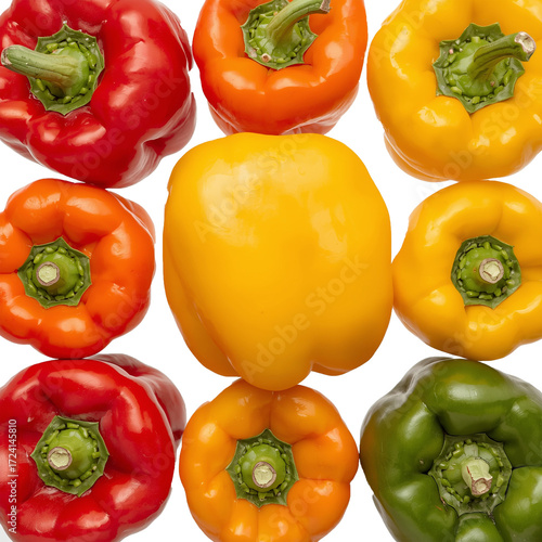 A set of vibrant colored bell peppers including red, orange, yellow, and green, isolated