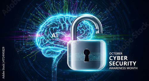Cybersecurity awareness month with opened padlock revealing glowing brain, artificial intelligence network security for digital safety and privacy protection