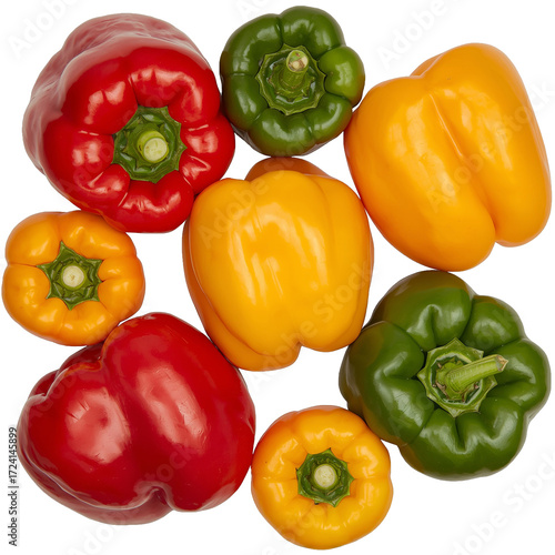 A set of vibrant colored bell peppers including red, orange, yellow, and green, isolated