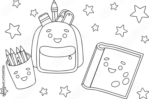 Cute Cartoon School Backpack Pencils and Notebook Coloring Page for Kids Keywords: coloring page, school supplies, backpack, pencils, notebook