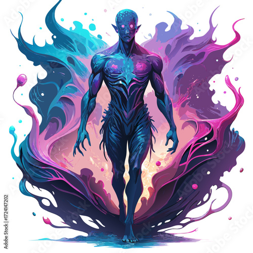 A surreal human silhouette swirling neon smoke