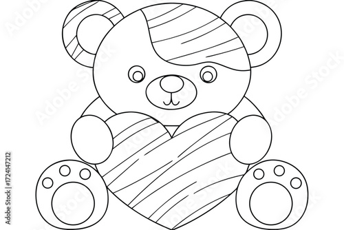Cute Outline Teddy Bear Holding a Striped Heart for Coloring Keywords: teddy bear, heart, outline, coloring page, cute, cartoon, drawing