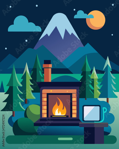 A cozy fire crackles in the fireplace of the countryside estate as the digital nomad settles in for a day of remote work.. Vector illustration