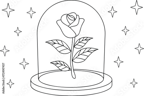 Outline drawing of a single rose under a glass bell jar surrounded by stars flower bloom