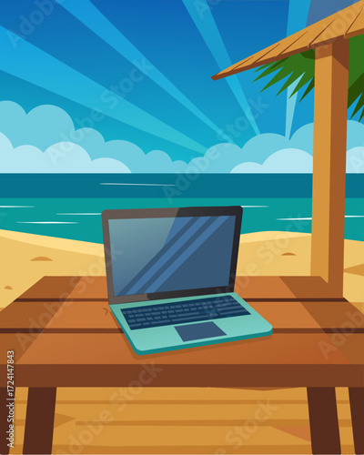 A laptop positioned on a rustic wooden bench in a beachside cabana boasts a view of the ocean and a refreshing breeze.. Vector illustration
