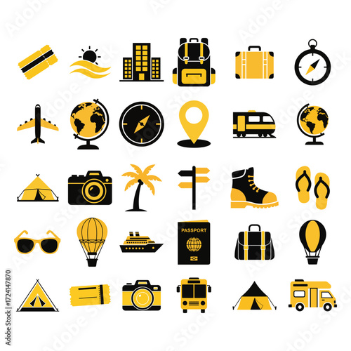 Collection of travel icons, yellow and black.