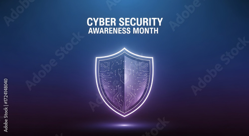Cyber Security Awareness Month with a futuristic shield design, perfect for online safety campaigns and technology promotions, protecting digital data today