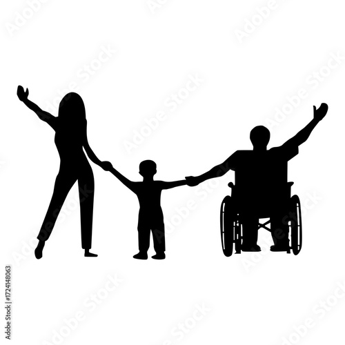 A powerful silhouette of a family – a mother, father in wheelchair, and child – depicts unity and support.