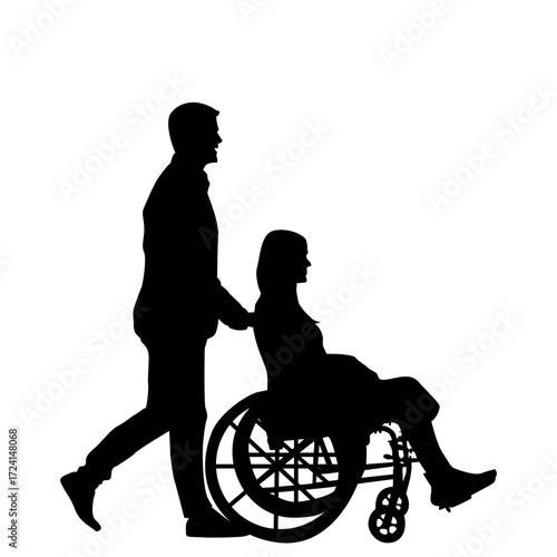 A simple silhouette of a man and woman, showing the man supporting a woman in a wheelchair.