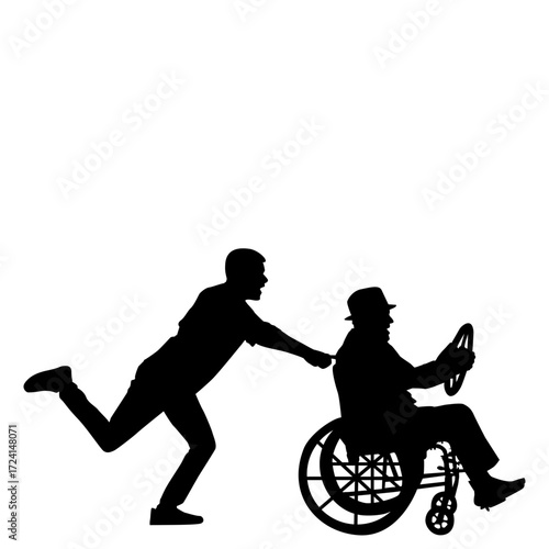 A dynamic silhouette of a man assisting an elderly person in a wheelchair, conveying a sense of urgency or help.
