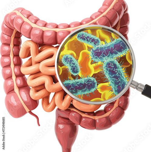 Human Intestines with Gut Microbiota Under Magnifying Glass Showing Bacteria in Digestive System, Microorganisms, Microbiome Health, Medical Vector Illustration
