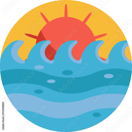 A stylized sun shining above gentle ocean waves.