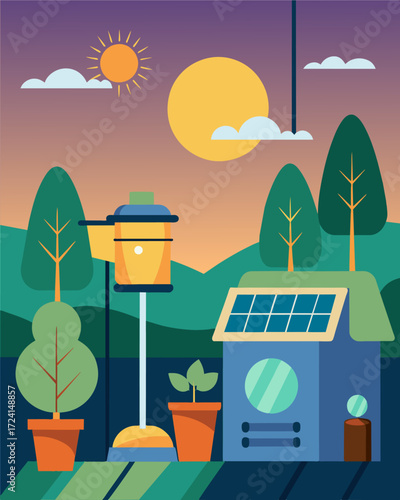 A small garden of solarpowered lights ling automatically as the sun goes down a visual representation of the laundromats commitment to renewable energy.. Vector illustration