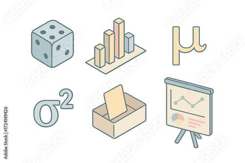 Statistics Icons Set. Isometric vector illustration set Random Variables & Statistics: dice roll as discrete random variable,