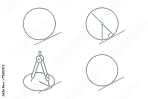 Circle Tangent Concept. Isometric vector illustration set Circle Tangent Concept: circle outline, tangent line touching at one