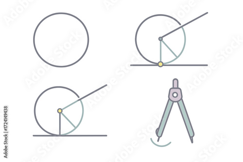 Circle Tangent Concept. Isometric vector illustration set Circle Tangent Concept: circle outline, tangent line touching at one