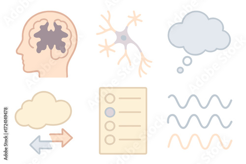 Human Perception Icons. Isometric vector illustration set Human Perception Study: inkblot overlaid on brain outline, neuron
