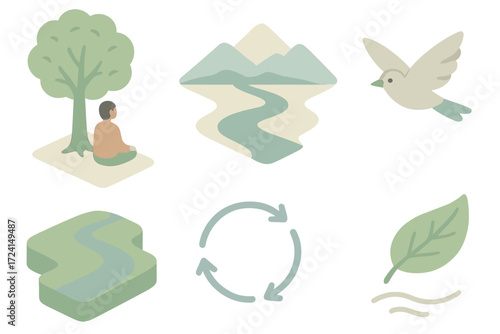 Mindfulness in Nature. Isometric vector illustration set Mindfulness in Nature: figure sitting under tree, mountain horizon view,