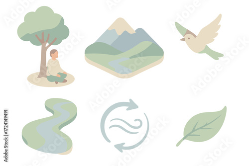Mindfulness in Nature. Isometric vector illustration set Mindfulness in Nature: figure sitting under tree, mountain horizon view,