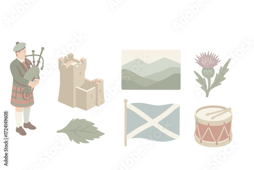 Scottish Highland Icons. Isometric vector illustration set Scottish Highland Tradition: bagpiper in kilt standing, castle