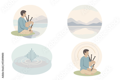 Bagpipe Meditation Scene. Isometric vector illustration set Bagpipe Meditation and Calm: lone piper by lake, reflection in water,