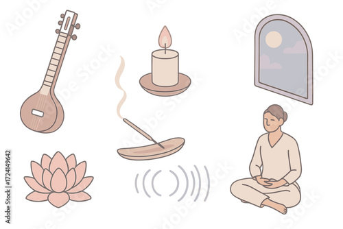 Meditative Sitar Harmony. Isometric vector illustration set Raga Meditation: sitar placed beside lit candle, lotus flower nearby,