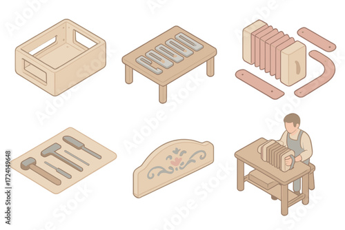 Accordion Crafting Essentials. Isometric vector illustration set Accordion Crafting: wooden body frame, metal reeds on table,