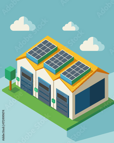 A warehouse is kept cool and energyefficient with the help of multiple solarpowered air conditioning units installed on its roof.. Vector illustration