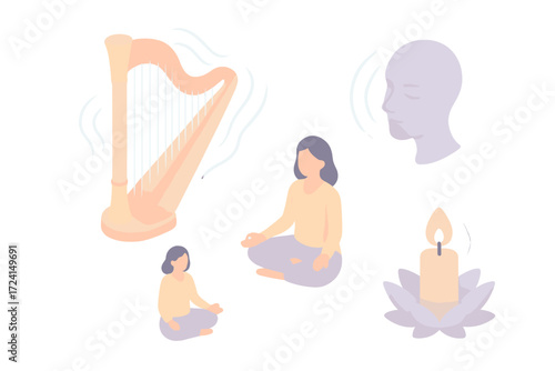 Healing Music Icons. Isometric vector illustration set Healing Music with Harp: harp glowing with soft waves, person meditating