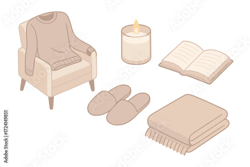 Cozy Cashmere Comforts. Isometric vector illustration set Cashmere Luxury Lifestyle: soft sweater draped on armchair, candle
