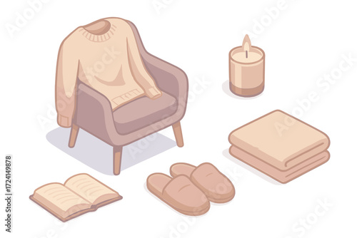 Cozy Cashmere Comforts. Isometric vector illustration set Cashmere Luxury Lifestyle: soft sweater draped on armchair, candle