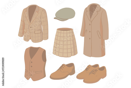 Woolen Tailoring Icons. Isometric vector illustration set Woolen tailoring: tweed jacket, flat cap, pleated skirt, overcoat,