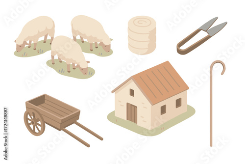 Countryside Wool Icons. Isometric vector illustration set Countryside wool industry: grazing sheep, wool bales, shearing scissors,