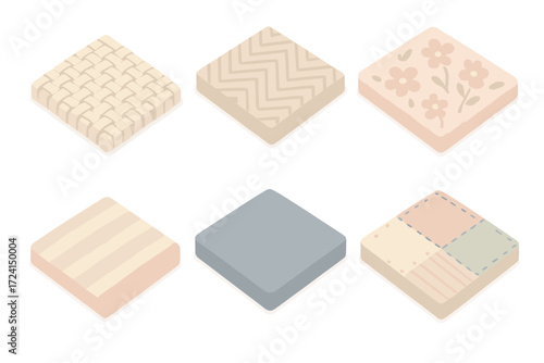 Textile Patterns Collection. Isometric vector illustration set Textile patterns: plain weave cotton, herringbone swatch, printed