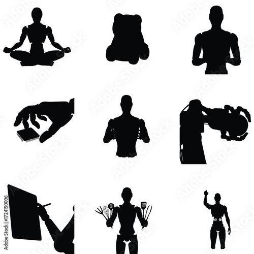 Diverse robot silhouettes showcase technology art cooking and meditation in a modern minimalist design against a white background