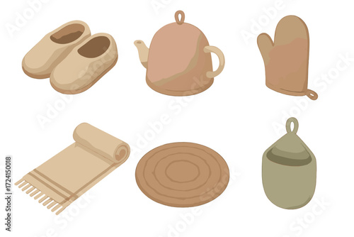 Rustic Felt Essentials. Isometric vector illustration set Rustic felt lifestyle: wool slippers, teapot cozy, oven mitt, table