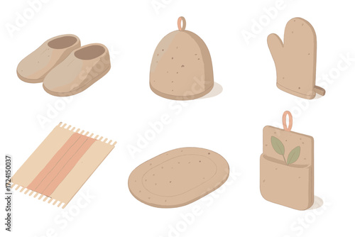 Rustic Felt Essentials. Isometric vector illustration set Rustic felt lifestyle: wool slippers, teapot cozy, oven mitt, table