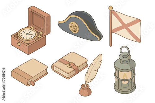 Naval Heritage Icons. Isometric vector illustration set Naval heritage: marine chronometer, admiral’s hat, logbook, naval flag,