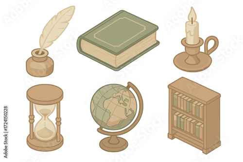Antique Library Icons. Isometric vector illustration set Antique library items: quill pen, dusty book, candlestick, hourglass,