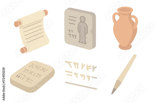 Ancient Record Icons. Isometric vector illustration set Ancient civilization records: papyrus scroll, stone tablet, clay tablet,