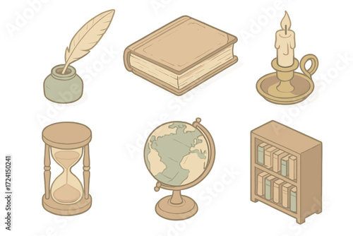 Antique Library Icons. Isometric vector illustration set Antique library items: quill pen, dusty book, candlestick, hourglass,