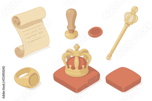 Royal Artifacts Illustration. Isometric vector illustration set Historic decree: royal scroll, wax seal stamp, scepter, crown,