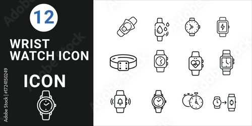 Minimal Wrist Watch Icon Set – Smartwatch, Analog, Digital, Timer, Fitness and Notification Symbols for UI and Apps