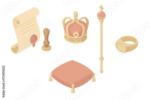 Royal Artifacts Illustration. Isometric vector illustration set Historic decree: royal scroll, wax seal stamp, scepter, crown,