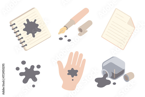 Writing Mishaps Icons. Isometric vector illustration set Writing mishaps: ink blot on notebook, broken fountain pen, splattered