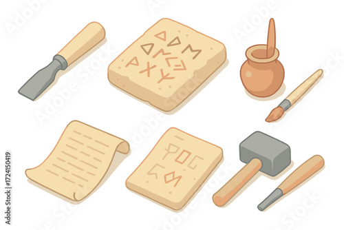 Ancient Writing Tools. Isometric vector illustration set Ancient writing tools: chisel, stone slab, pigment pot, brush, codex page