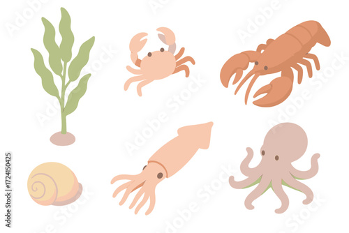 Ocean Marine Icons. Isometric vector illustration set Ocean biodiversity: kelp stalk, small crab, lobster, sea snail, squid,