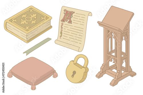 Sacred Texts Icons. Isometric vector illustration set Sacred texts: gilded book cover, illuminated manuscript page, bookmark