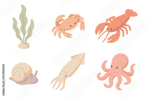 Ocean Marine Icons. Isometric vector illustration set Ocean biodiversity: kelp stalk, small crab, lobster, sea snail, squid,