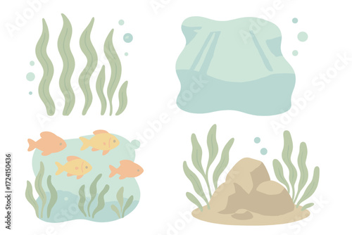Ocean Forest Icons. Isometric vector illustration set Ocean forest scenery: swaying kelp, sunlight rays, colorful fish, rocky